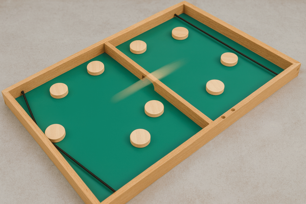 Jeu de passe-trappe en bois avec palets, sur fond vert, utilisé pour des animations conviviales lors de mariages et événements.