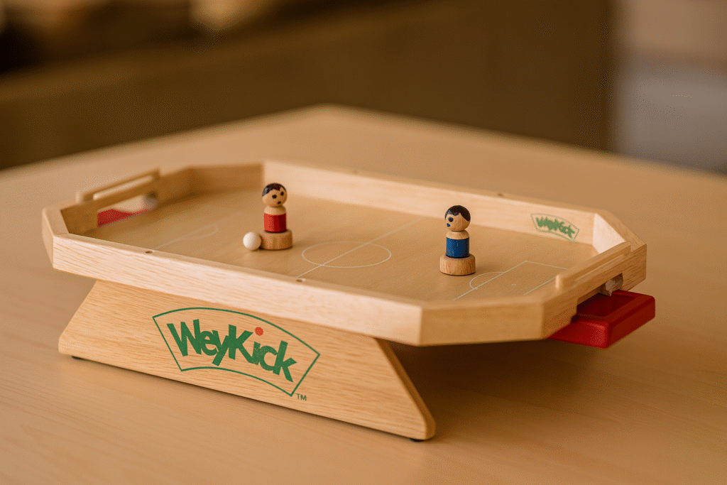 Jeu de WeyKick en bois représentant un mini terrain de football, avec deux joueurs aimantés en rouge et bleu.