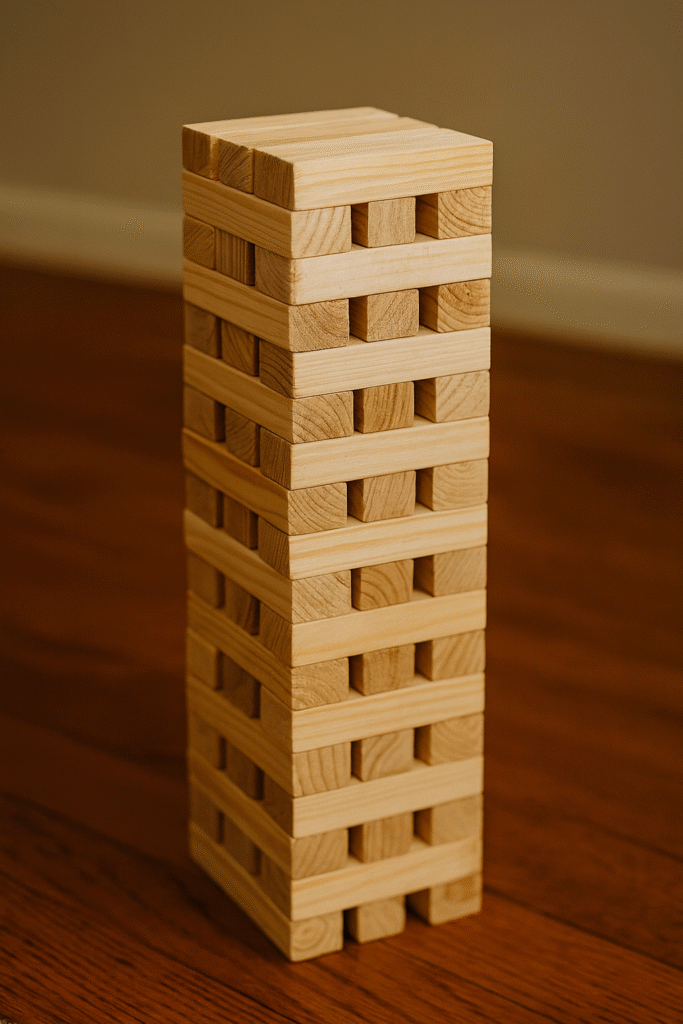 Tour de Jenga en bois empilée sur un sol en bois, prête pour une partie conviviale lors d’un mariage ou événement.