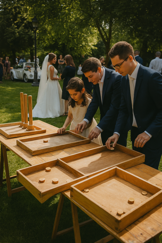 Invités jouant à des jeux en bois traditionnels lors d’un mariage en plein air, créant une ambiance conviviale et ludique.
