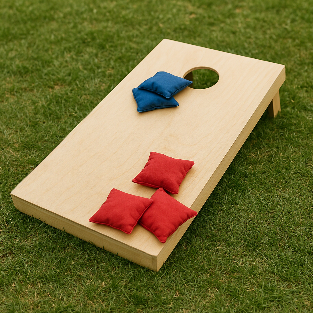 Planche de cornhole en bois avec des sacs rouges et bleus posés dessus, installée sur une pelouse pour une animation de plein air.
